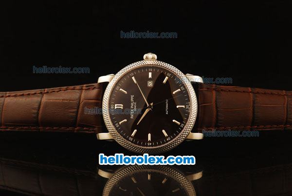 Patek Philippe Calatrava Swiss ETA 2824 Automatic Steel Case with Black Dial and Brown Leather Strap - Click Image to Close